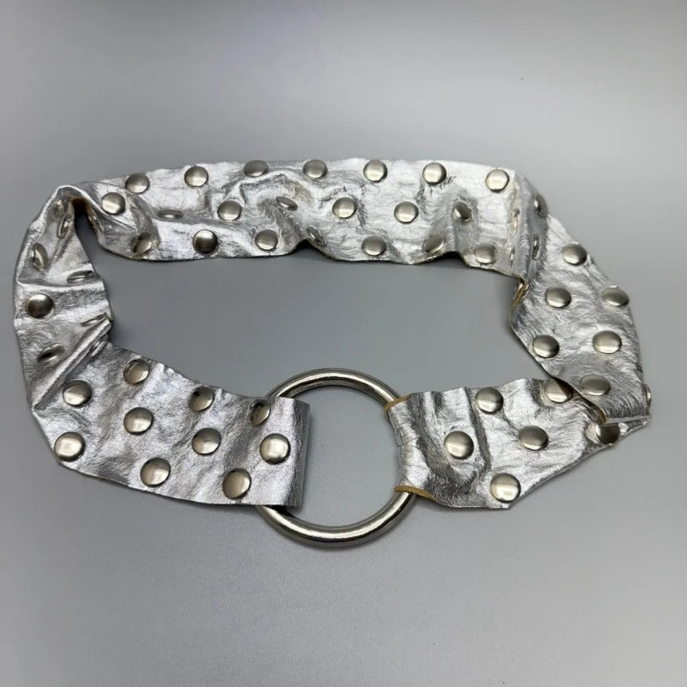 VTG Wide Silver Tone Leather Studded Snap Belt 39